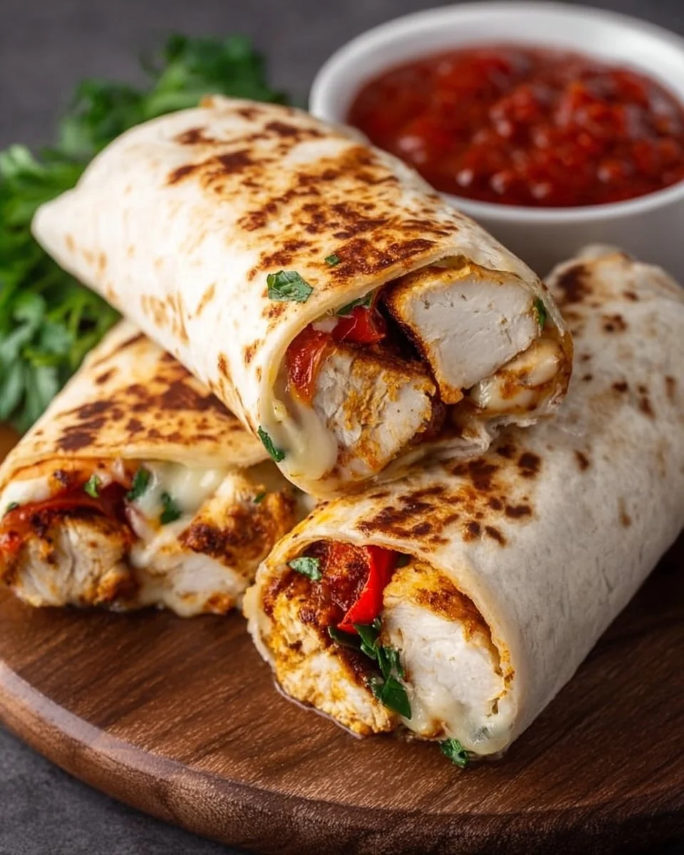 Delicious air fryer chicken and mozzarella wraps served on a plate.