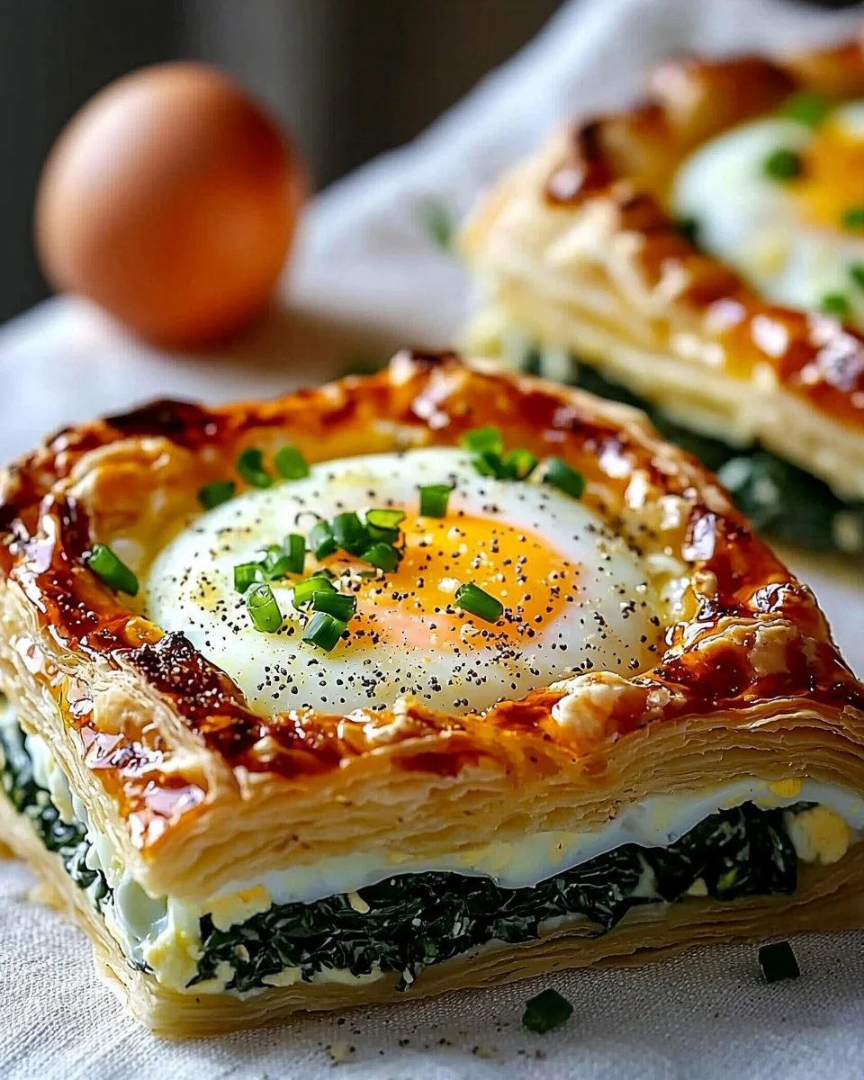 Baked Eggs Napoleon served with fresh herbs and toast