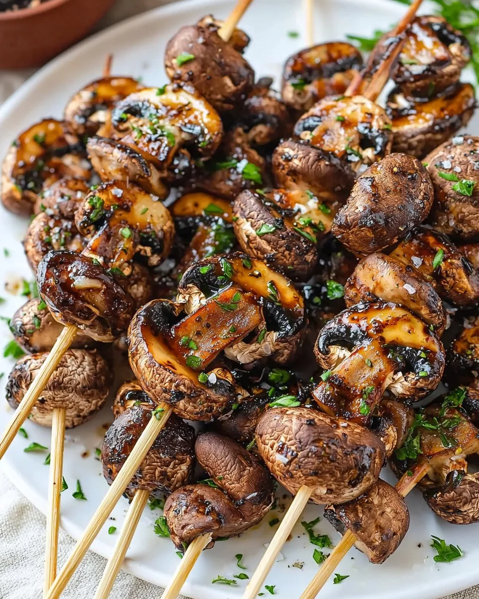 Balsamic garlic grilled mushroom skewers ready to serve on a platter.