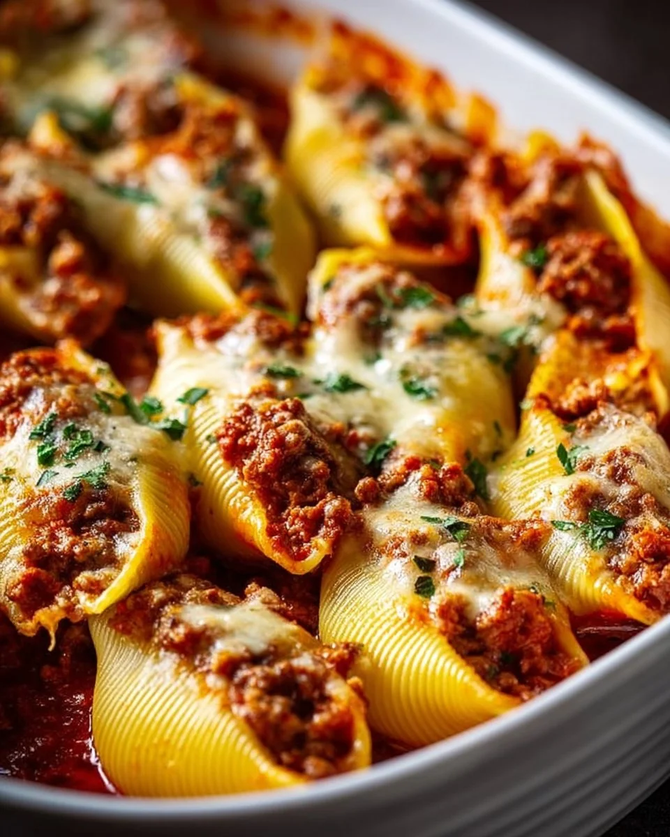 Delicious beef stuffed shells filled with savory meat and cheese