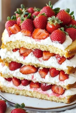 Delicious homemade strawberry shortcake cake with fresh strawberries and cream