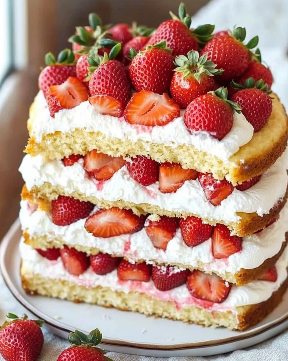 Delicious homemade strawberry shortcake cake with fresh strawberries and cream