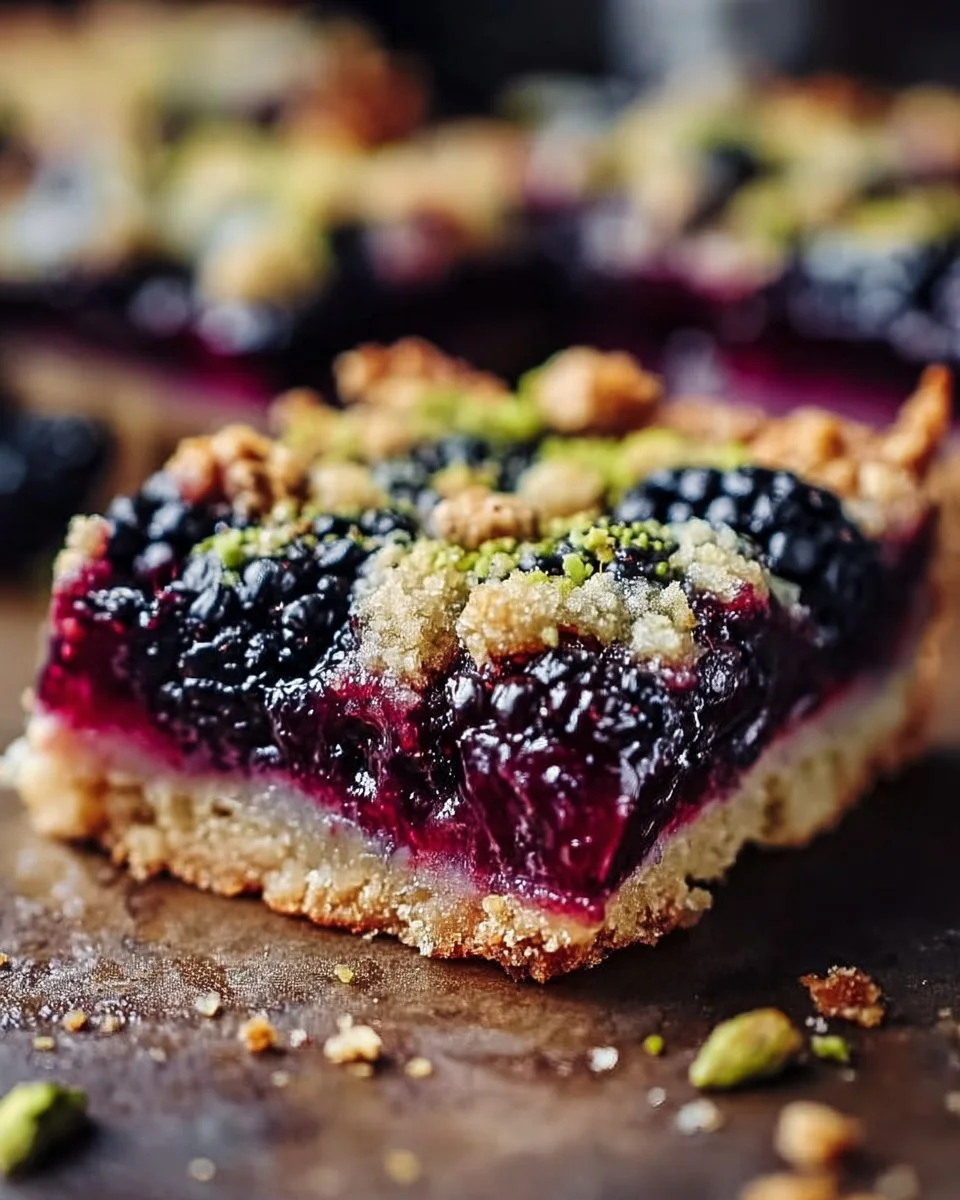 Homemade Blackberry Pistachio Dream Bars with fresh blackberries and pistachios