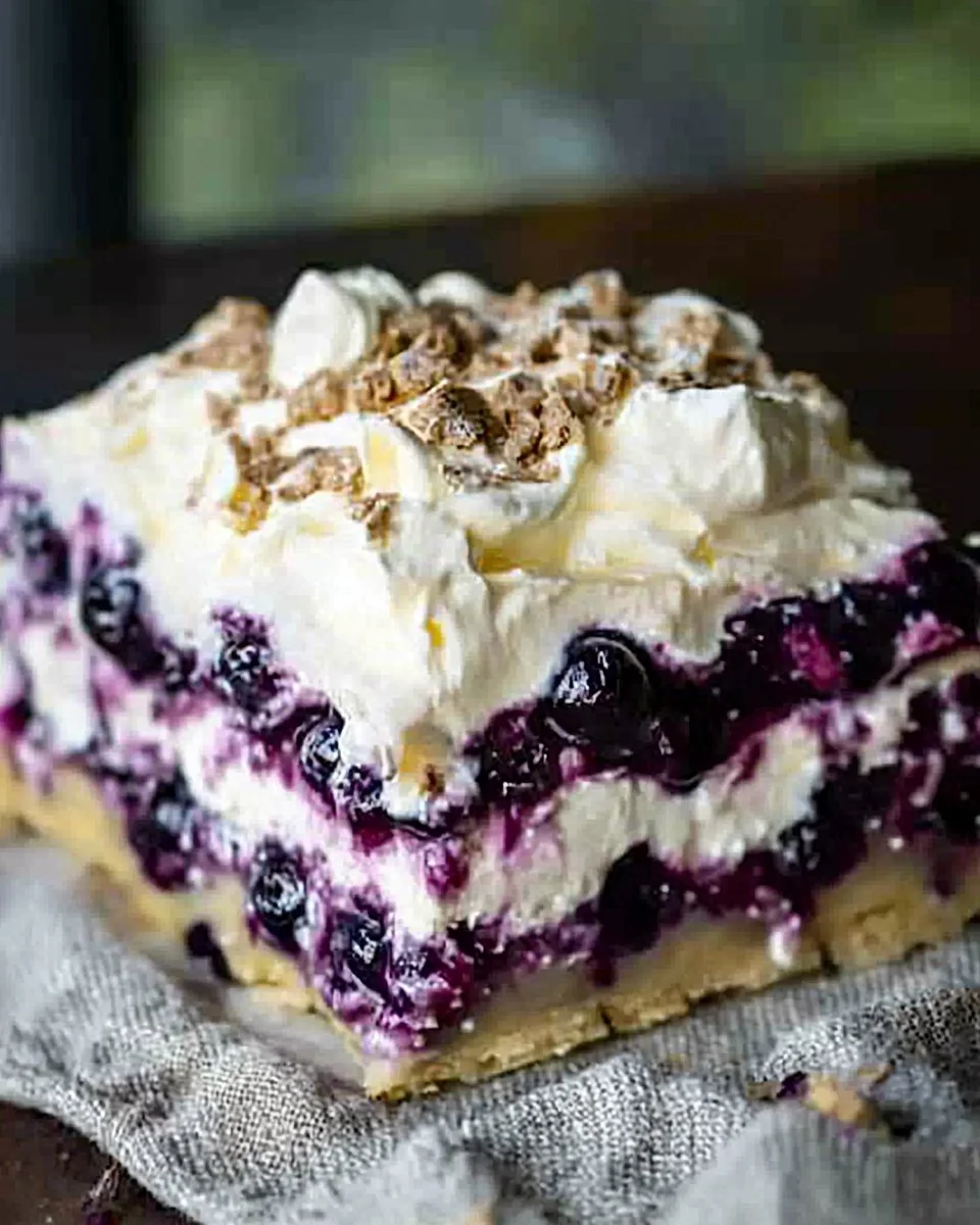 Delicious blueberry cheesecake lasagna dessert with creamy layers and blueberries