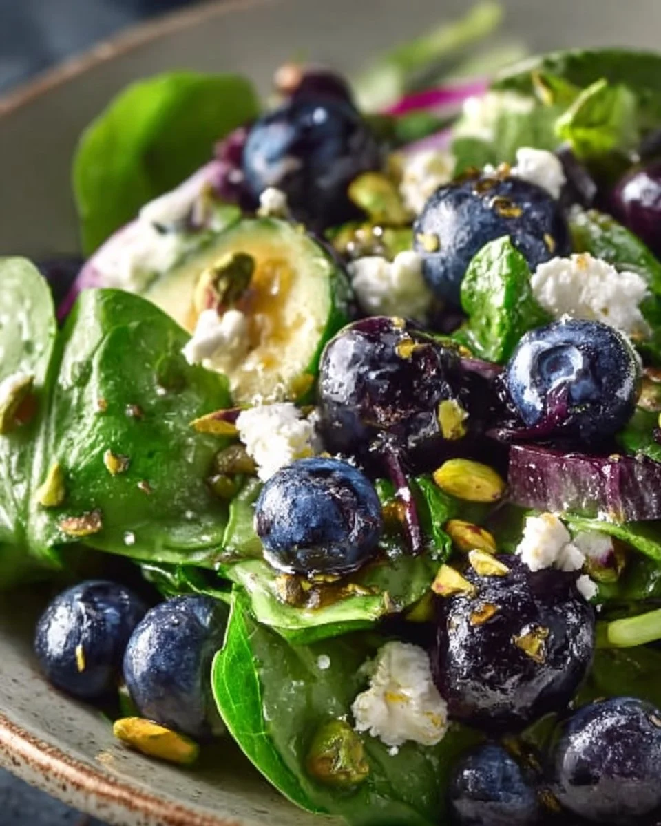 Blueberry pistachio spring salad with fresh greens and colorful toppings.