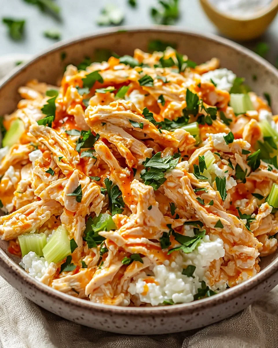 Buffalo Chicken Salad with Cottage Cheese served in a bowl