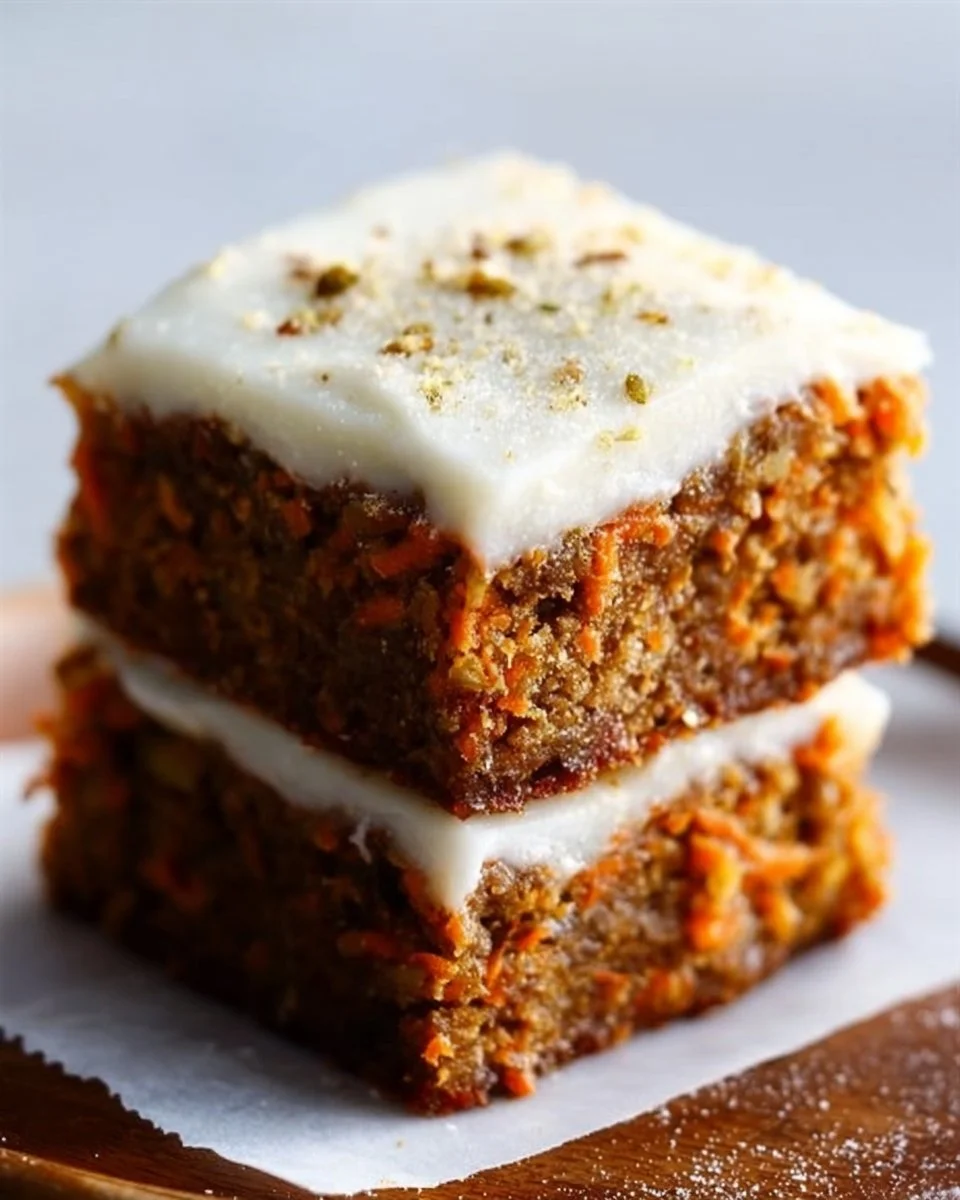 Delicious carrot cake bars with cream cheese frosting served on a plate