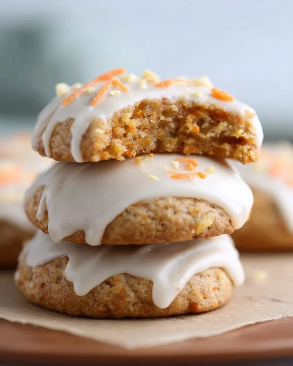 Decadent carrot cake cookies topped with cream cheese frosting and walnuts