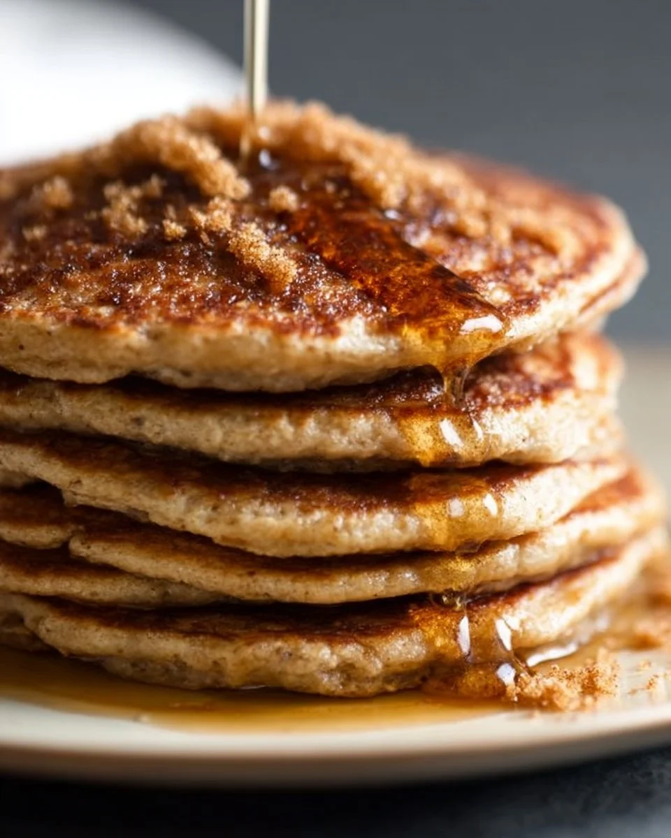 Delicious cinnamon brown sugar pancakes stacked with syrup and cinnamon sprinkle.