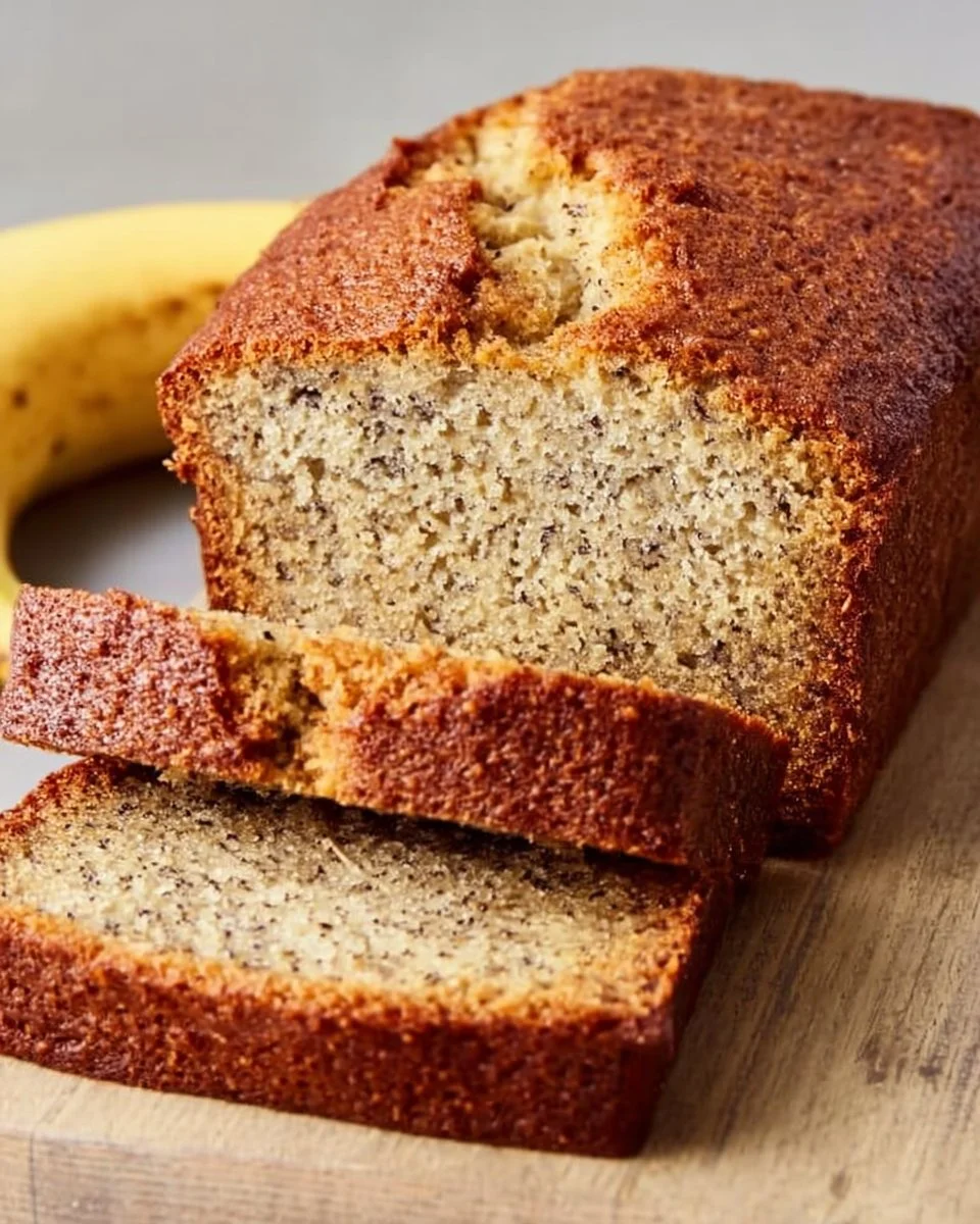 Sliced classic bread machine banana bread on a wooden cutting board