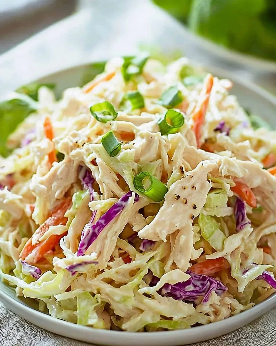 Creamy chicken coleslaw served in a bowl with fresh ingredients.