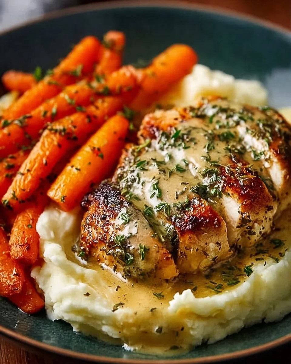 Creamy herb chicken with mashed potatoes and honey glazed carrots on a plate
