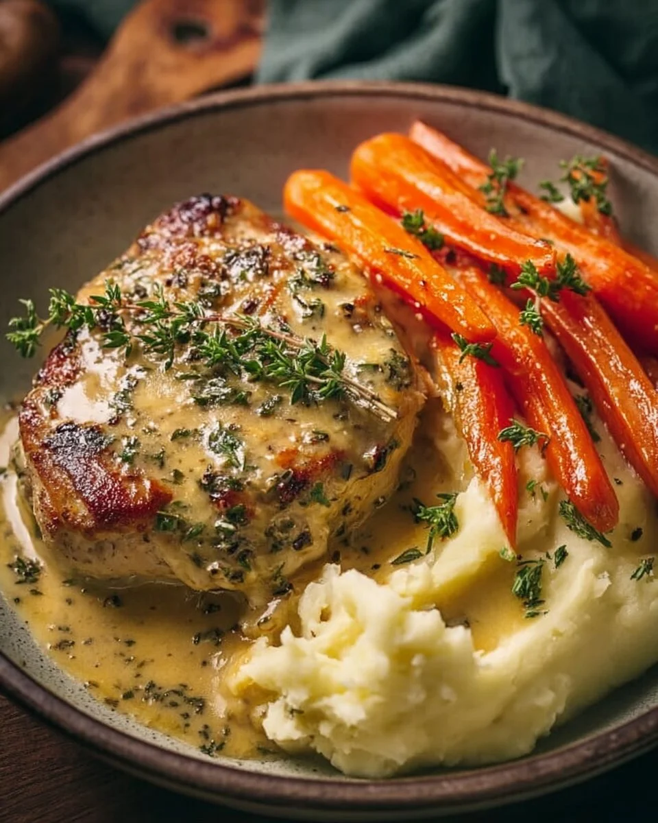Creamy Herb Chicken with Mashed Potatoes and Honey Glazed Carrots