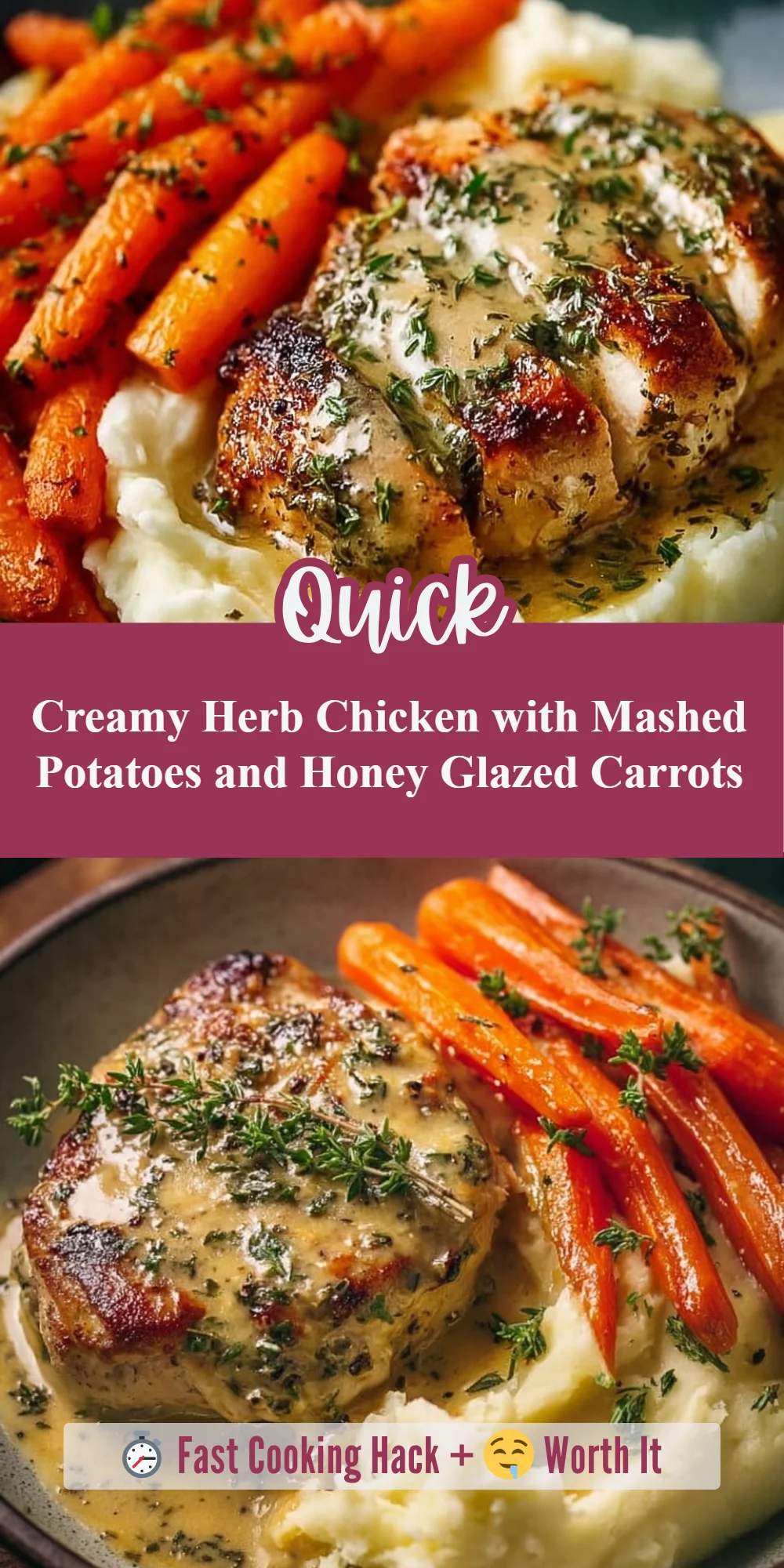 Creamy Herb Chicken with Mashed Potatoes and Honey Glazed Carrots