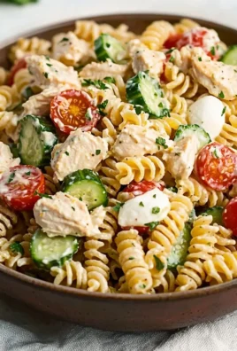 Creamy high-protein pasta salad with chicken served in a bowl