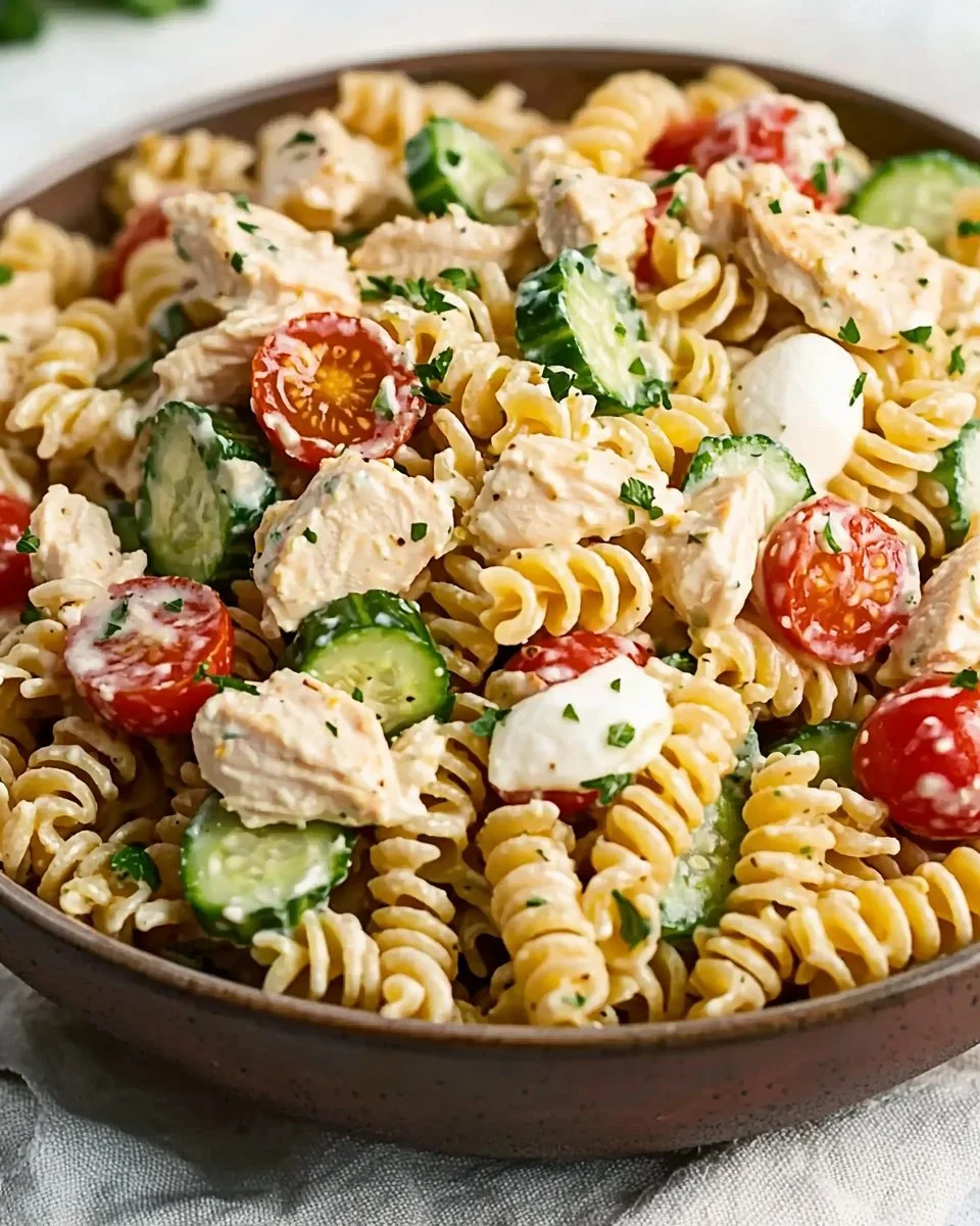 Creamy high-protein pasta salad with chicken served in a bowl