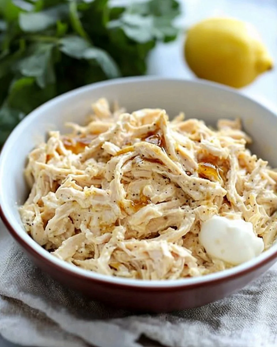 Creamy honey mustard chicken salad served in a bowl with fresh ingredients.