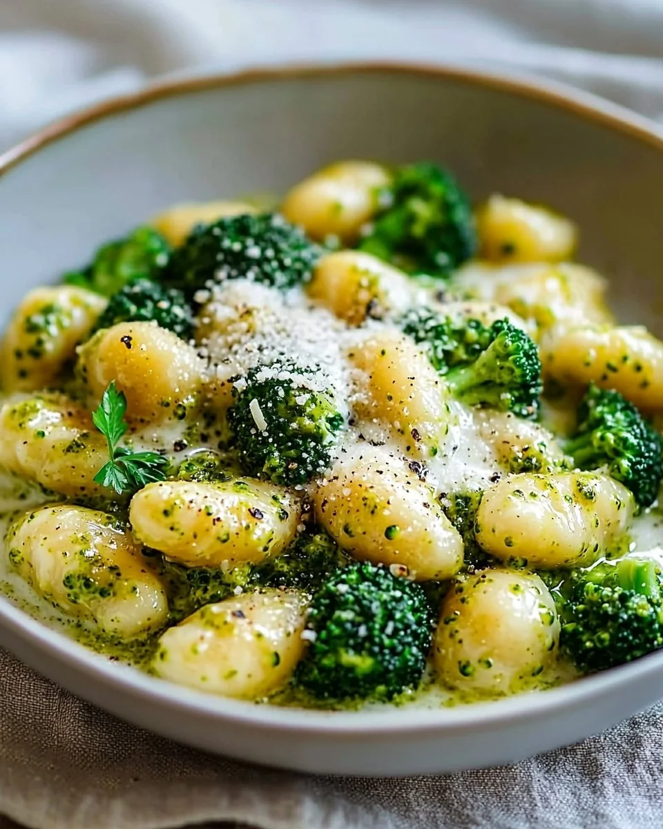 Creamy lemon pesto gnocchi with broccoli served in a bowl