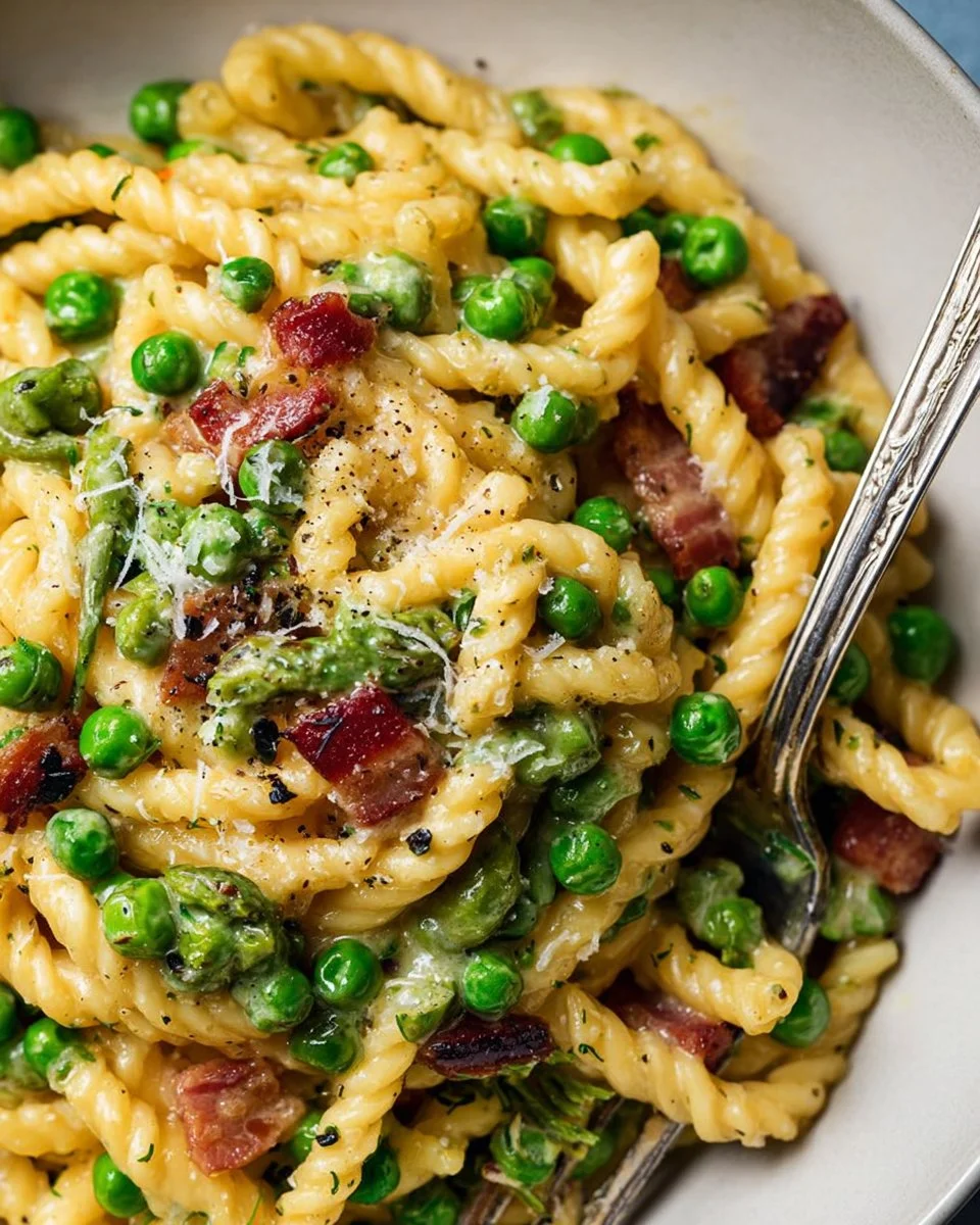 Creamy pea and pancetta pasta dish garnished with herbs