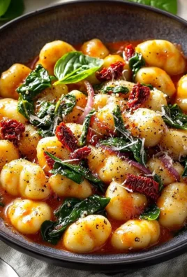 Creamy tomato gnocchi topped with spinach and fresh basil