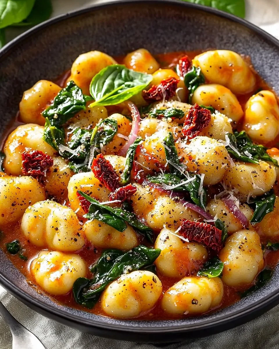 Creamy tomato gnocchi topped with spinach and fresh basil