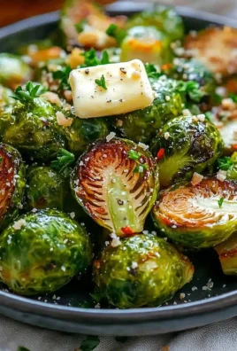 Garlic butter roasted Brussels sprouts served on a plate, garnished with herbs.