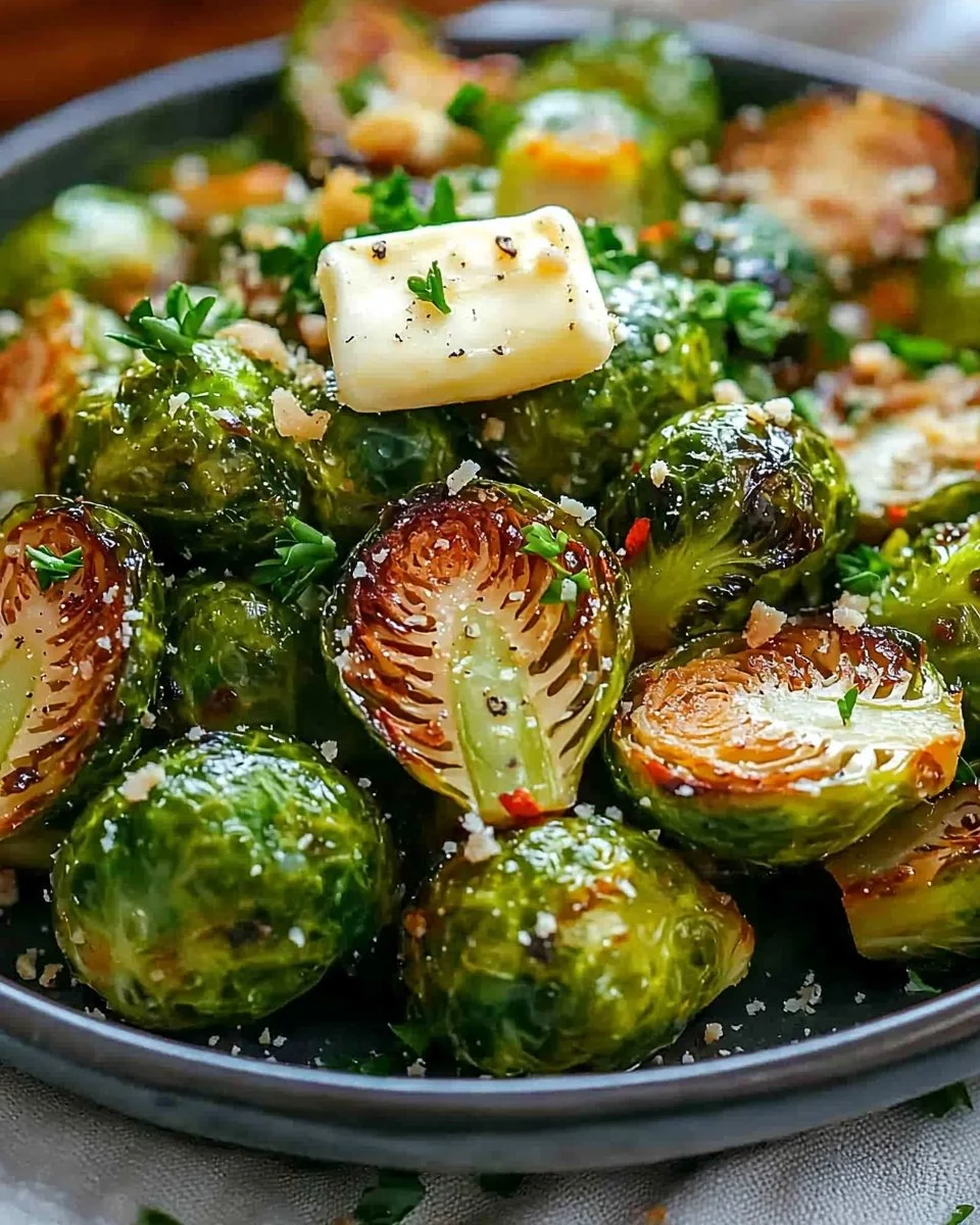 Garlic butter roasted Brussels sprouts served on a plate, garnished with herbs.