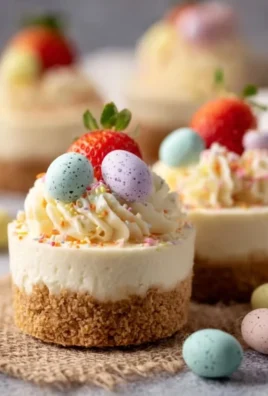 Easter no-bake mini cheesecakes decorated with colorful toppings