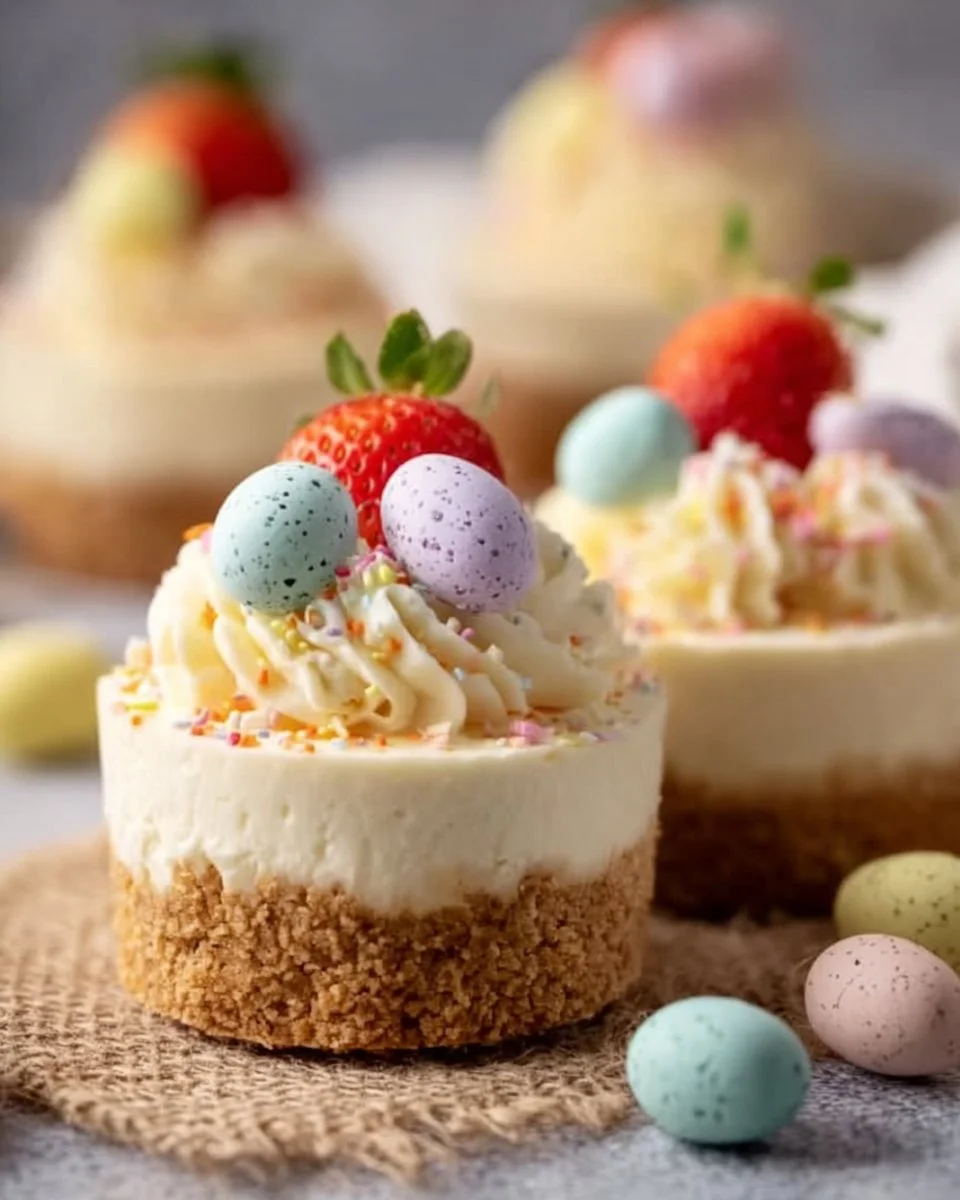 Easter no-bake mini cheesecakes decorated with colorful toppings