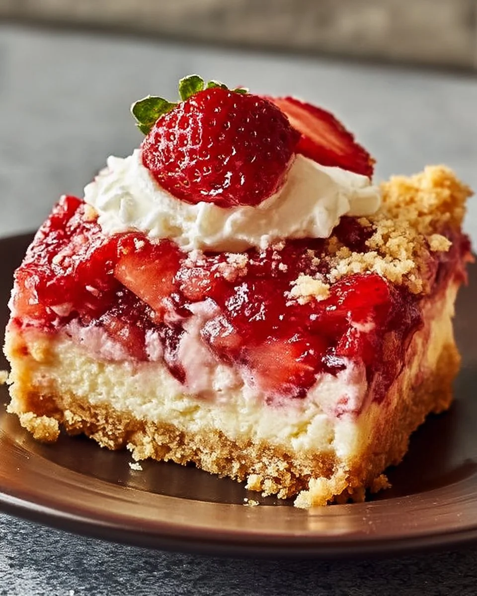 Easter strawberry cheesecake dump cake topped with fresh strawberries and whipped cream