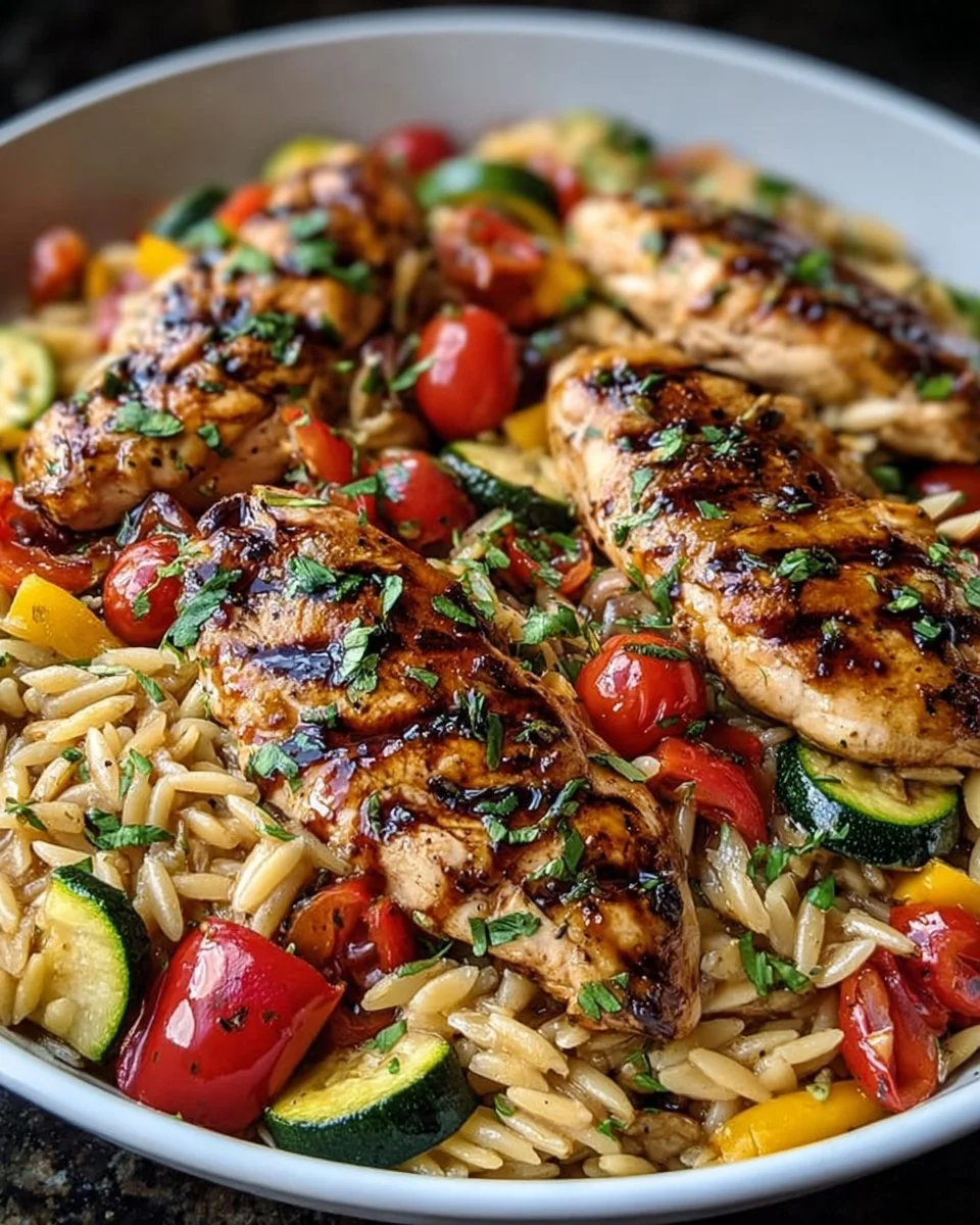 Plate of easy balsamic chicken served with veggie orzo.