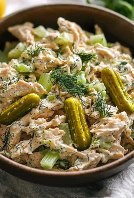 Bowl of easy dill pickle chicken salad with high protein and low carb ingredients