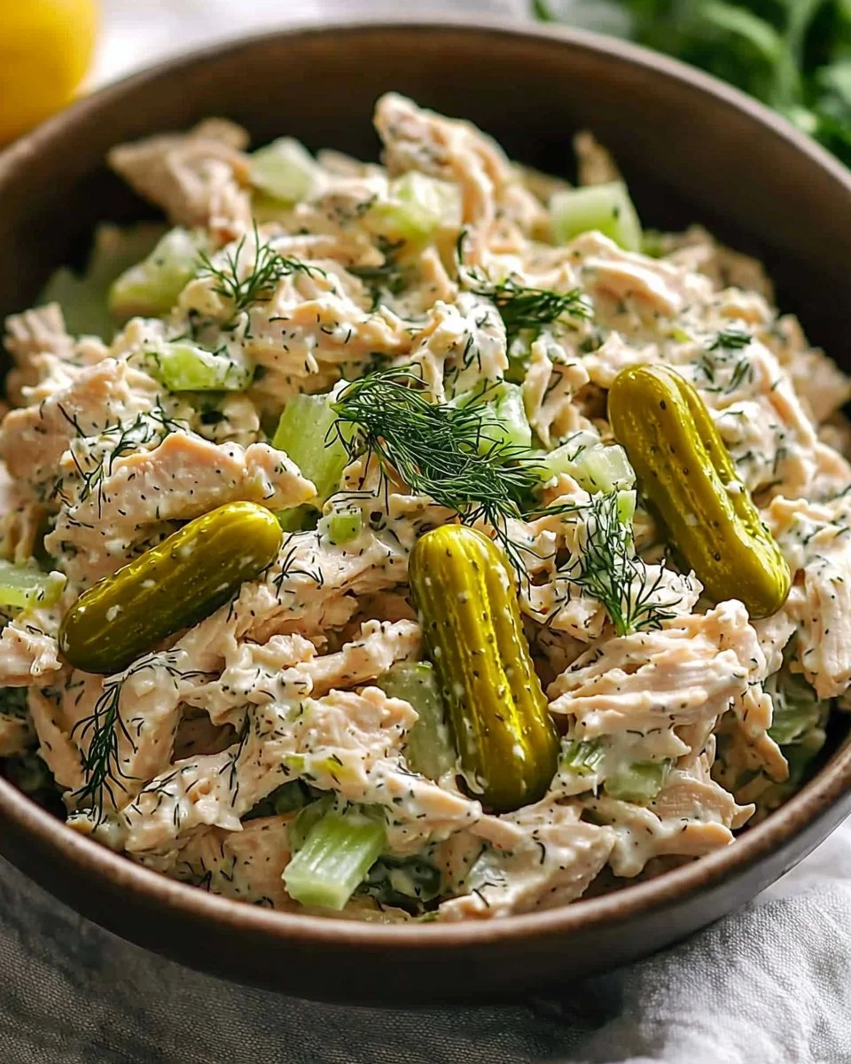 Bowl of easy dill pickle chicken salad with high protein and low carb ingredients
