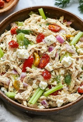 High protein feta chicken salad served in a bowl with fresh vegetables