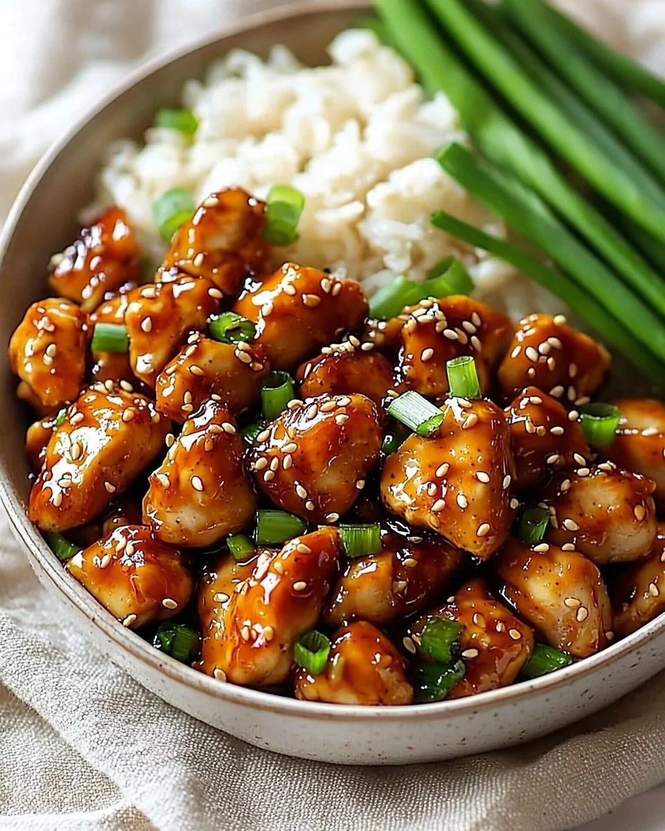 A plate of easy high protein sesame chicken with sesame seeds and vegetables