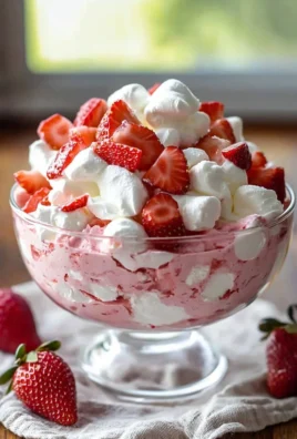 Bowl of easy strawberry fluff dessert with whipped cream and fresh strawberries