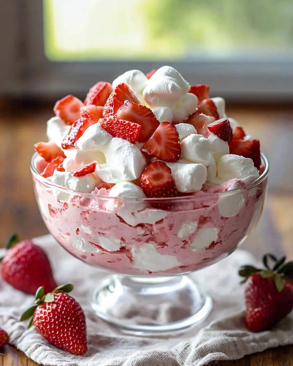 Bowl of easy strawberry fluff dessert with whipped cream and fresh strawberries