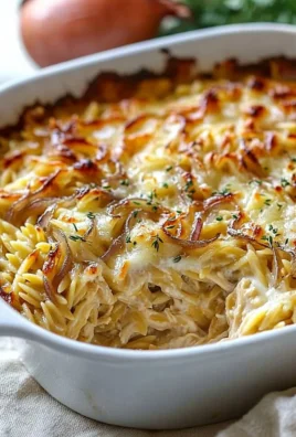 Delicious French onion chicken orzo casserole baked to perfection