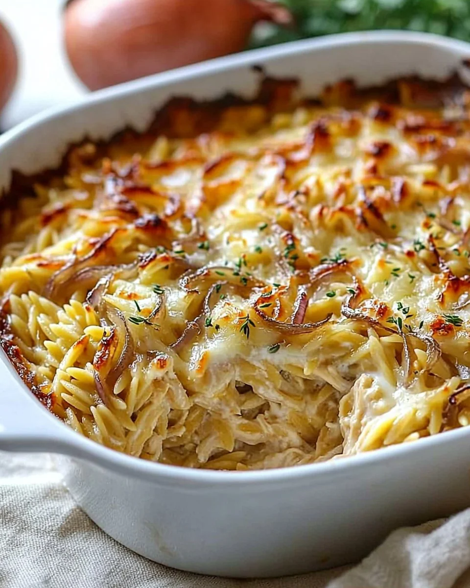 French Onion Chicken Orzo Casserole