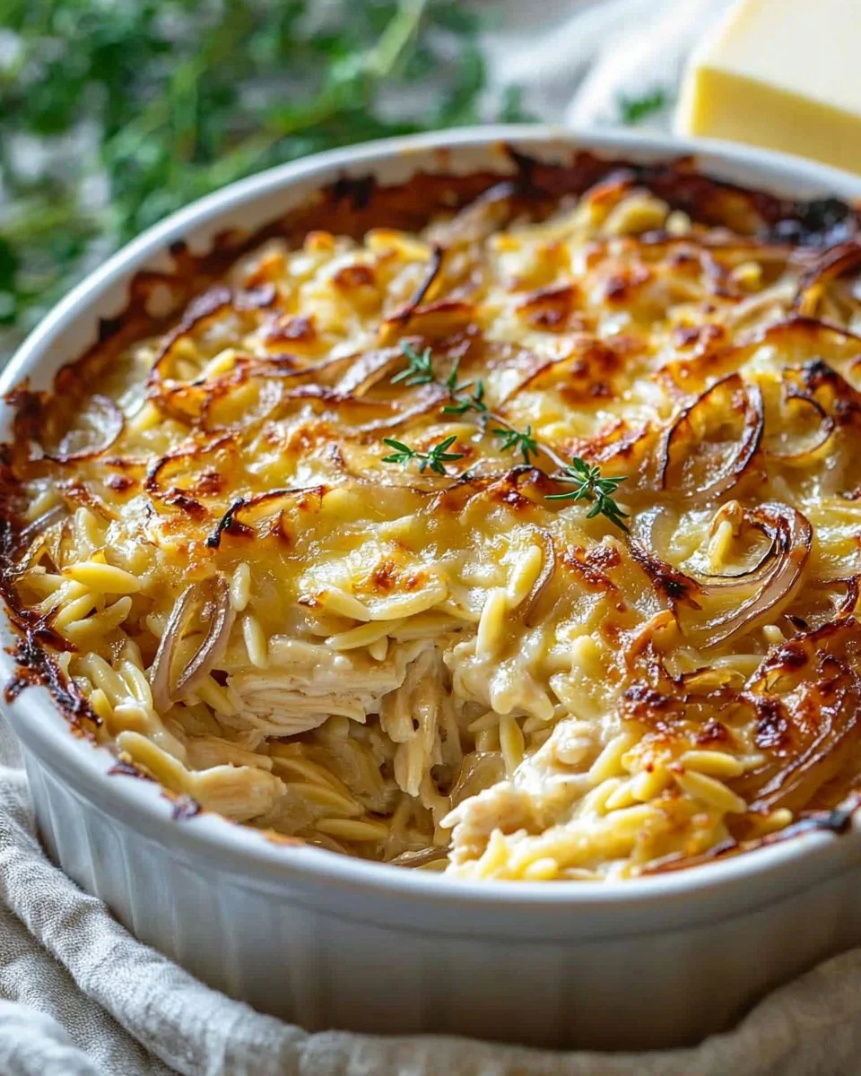 Delicious French onion chicken orzo casserole topped with melted cheese