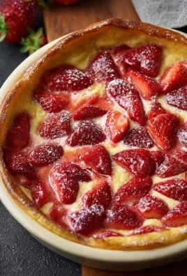Delicious French strawberry flaugnarde dessert served with fresh strawberries.