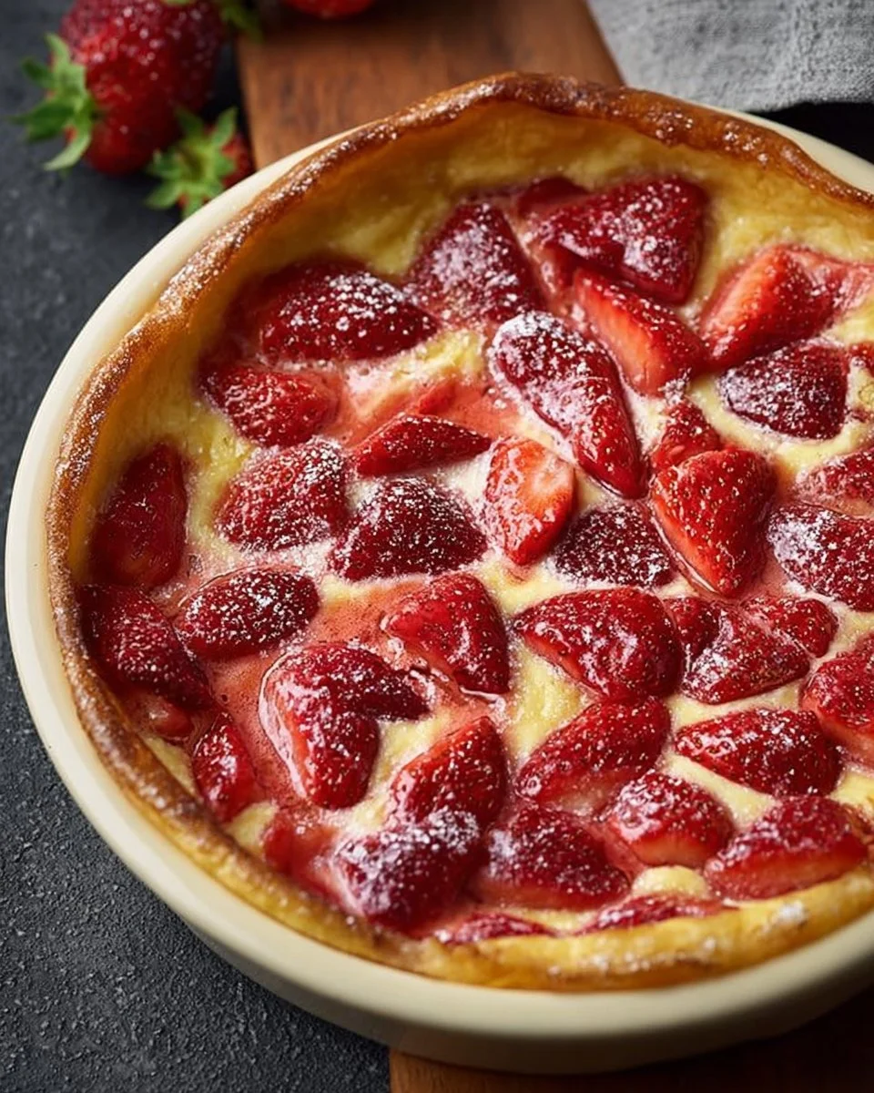 Delicious French strawberry flaugnarde dessert served with fresh strawberries.
