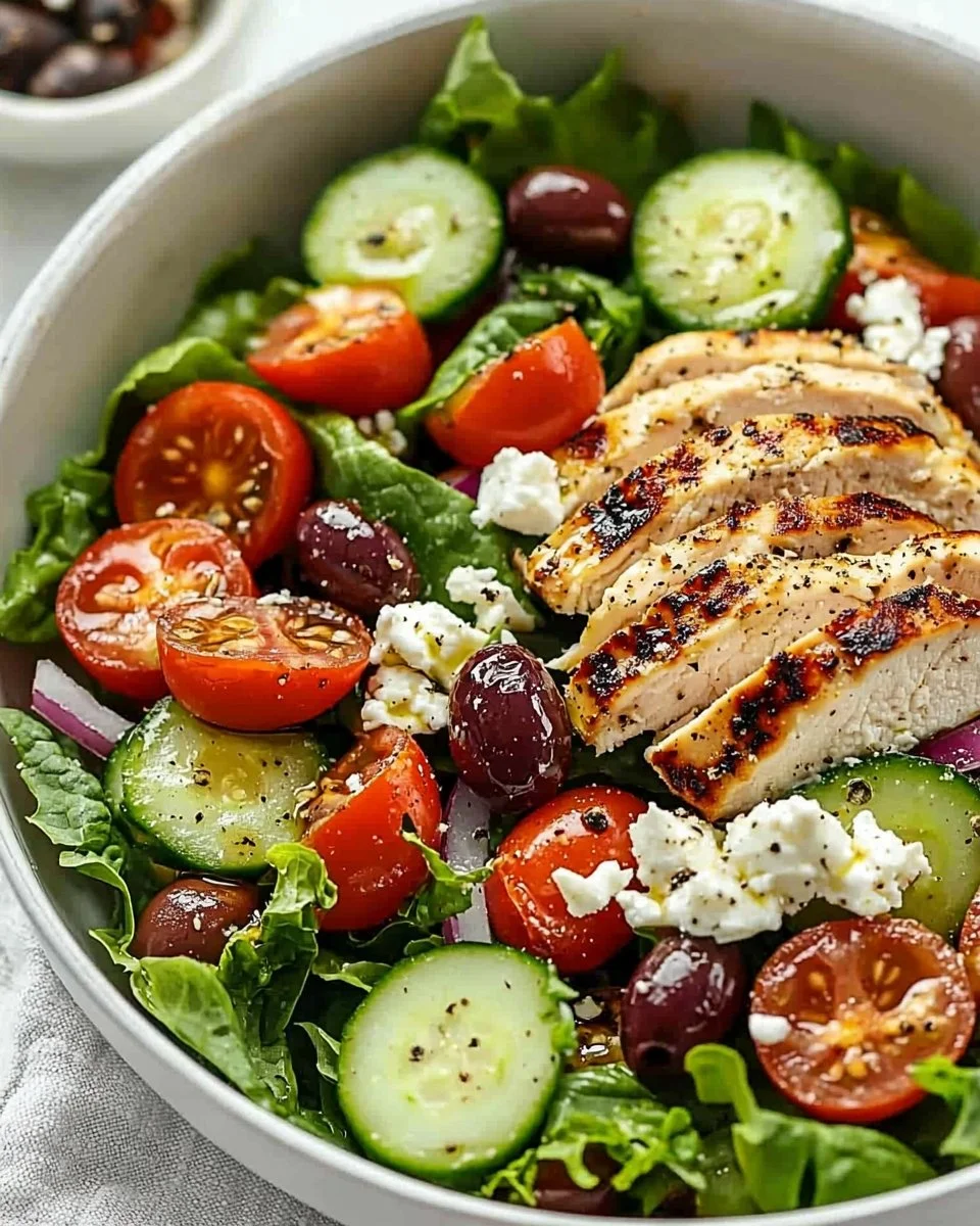 Fresh Greek Salad with Chicken featuring colorful vegetables and feta cheese
