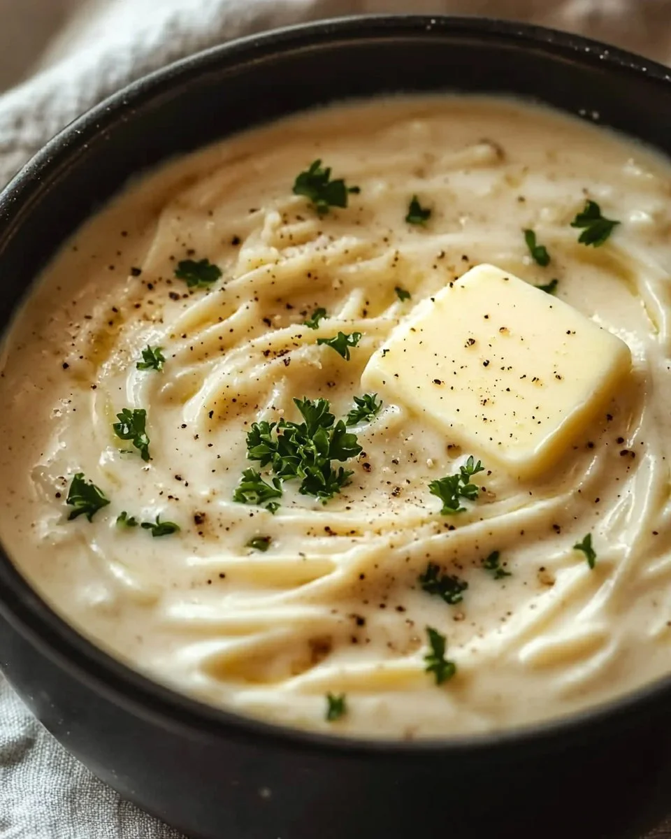 Bowl of creamy Garlic Parmesan Sauce with garlic and herbs