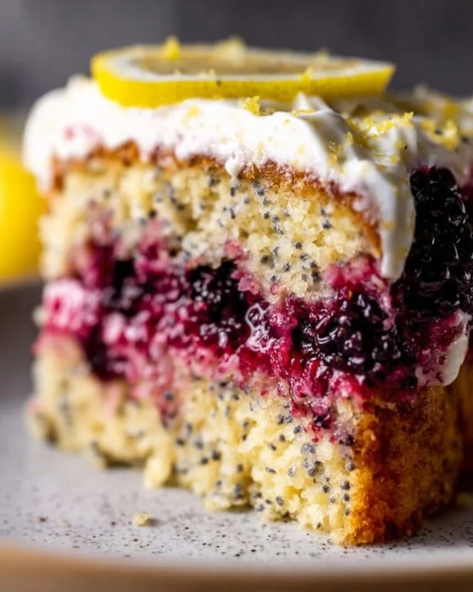 Gluten Free Lemon Poppy Seed Blackberry Cake topped with fresh blackberries