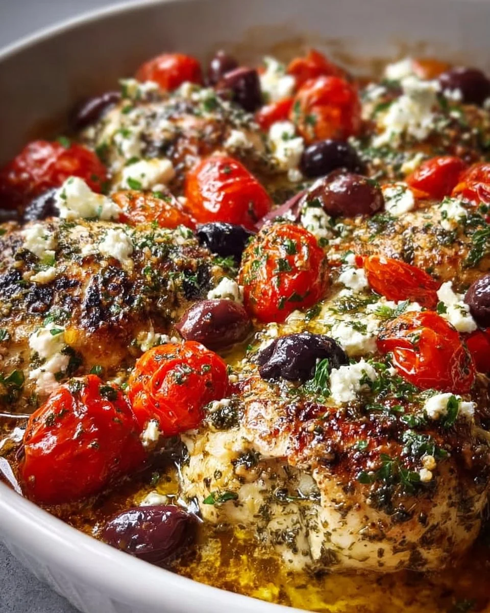 Greek Chicken Bake with feta, olives, and tomatoes in a baking dish