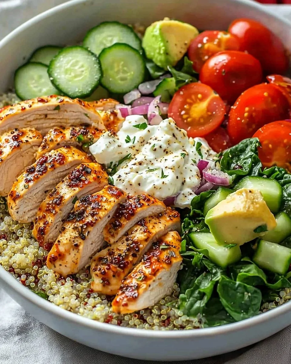 Delicious Greek Chicken Bowl with veggies and herbs