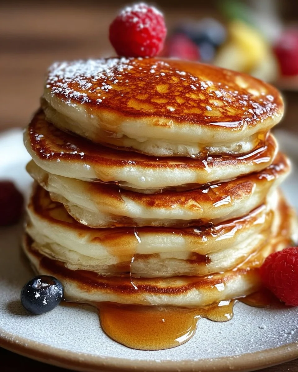 Fluffy Greek Yogurt Pancakes stacked with fresh fruit on top