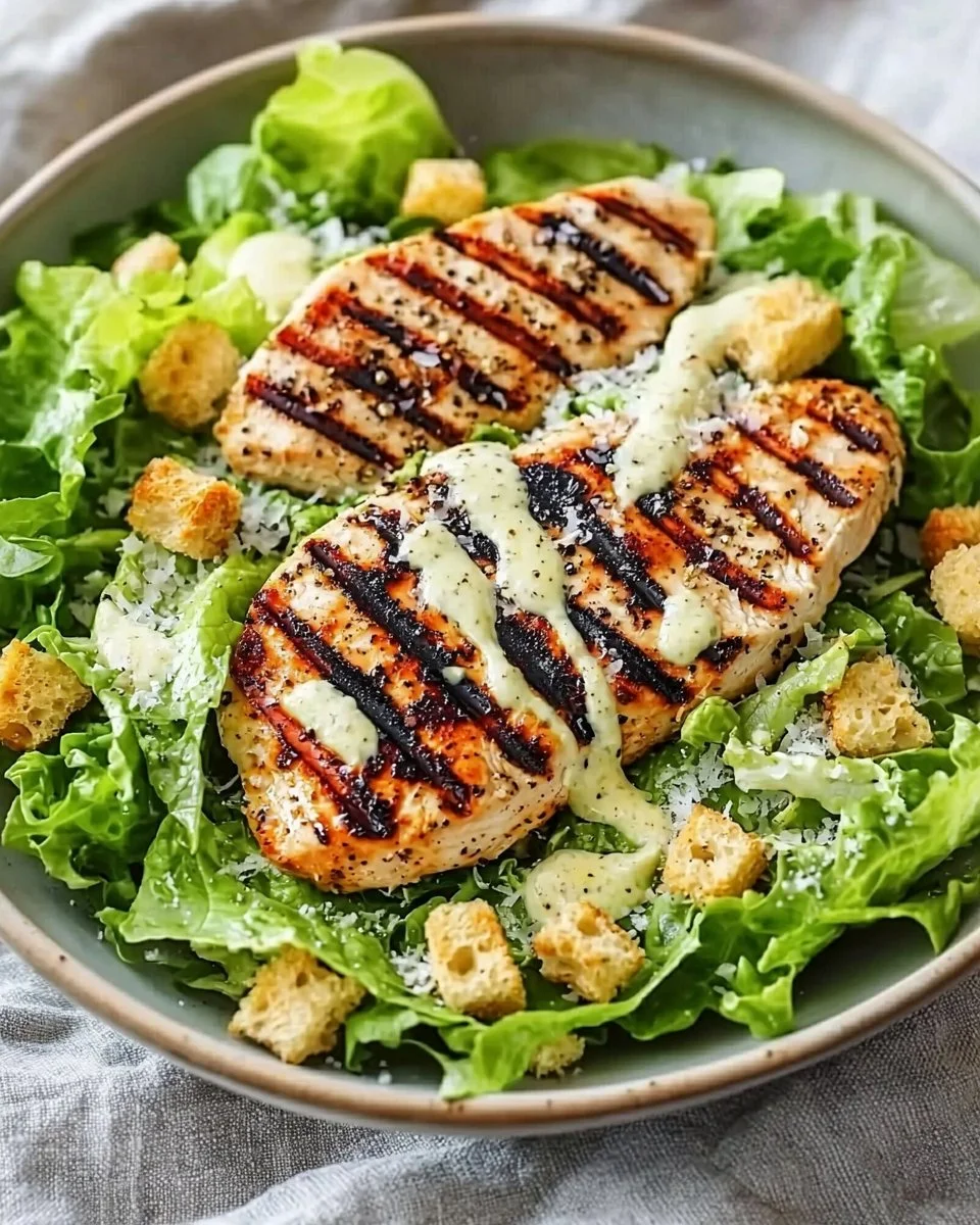 Grilled Chicken Caesar Salad with romaine, parmesan cheese, and croutons
