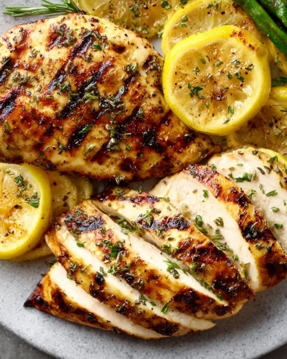 Grilled lemon chicken served with fresh herbs and lemon slices on a plate